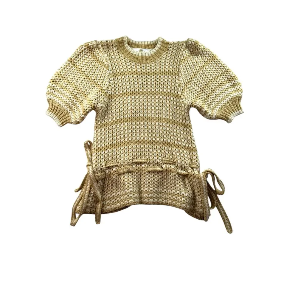 Anna Cate Alexa Sweater Size S Tan White Chunky Knit Tie Waist Puff Sleeve